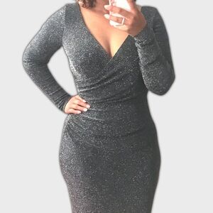 Stunning metallic lurex knee length surplice wrap cocktail dress
